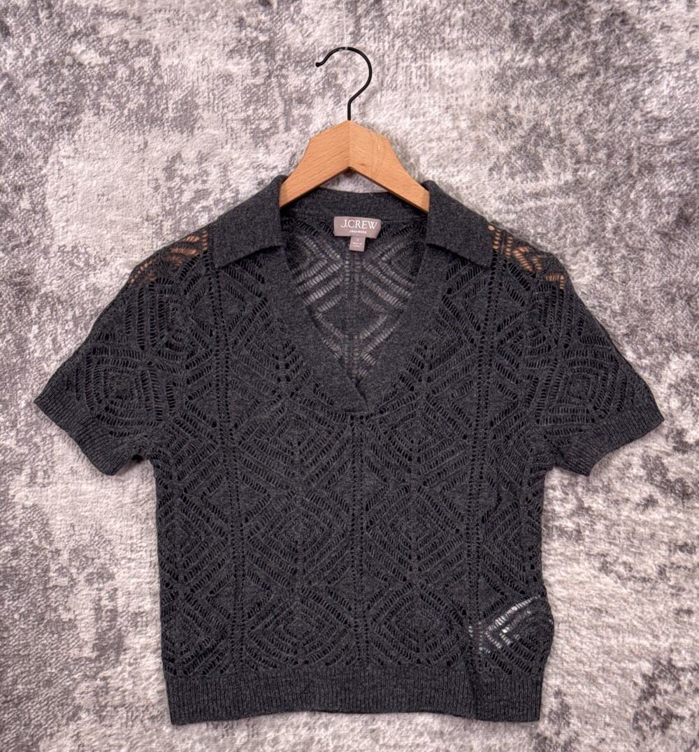 J Crew Top Small Womens Cashmere Lace Pointelle Sweater Polo Short Sleeve